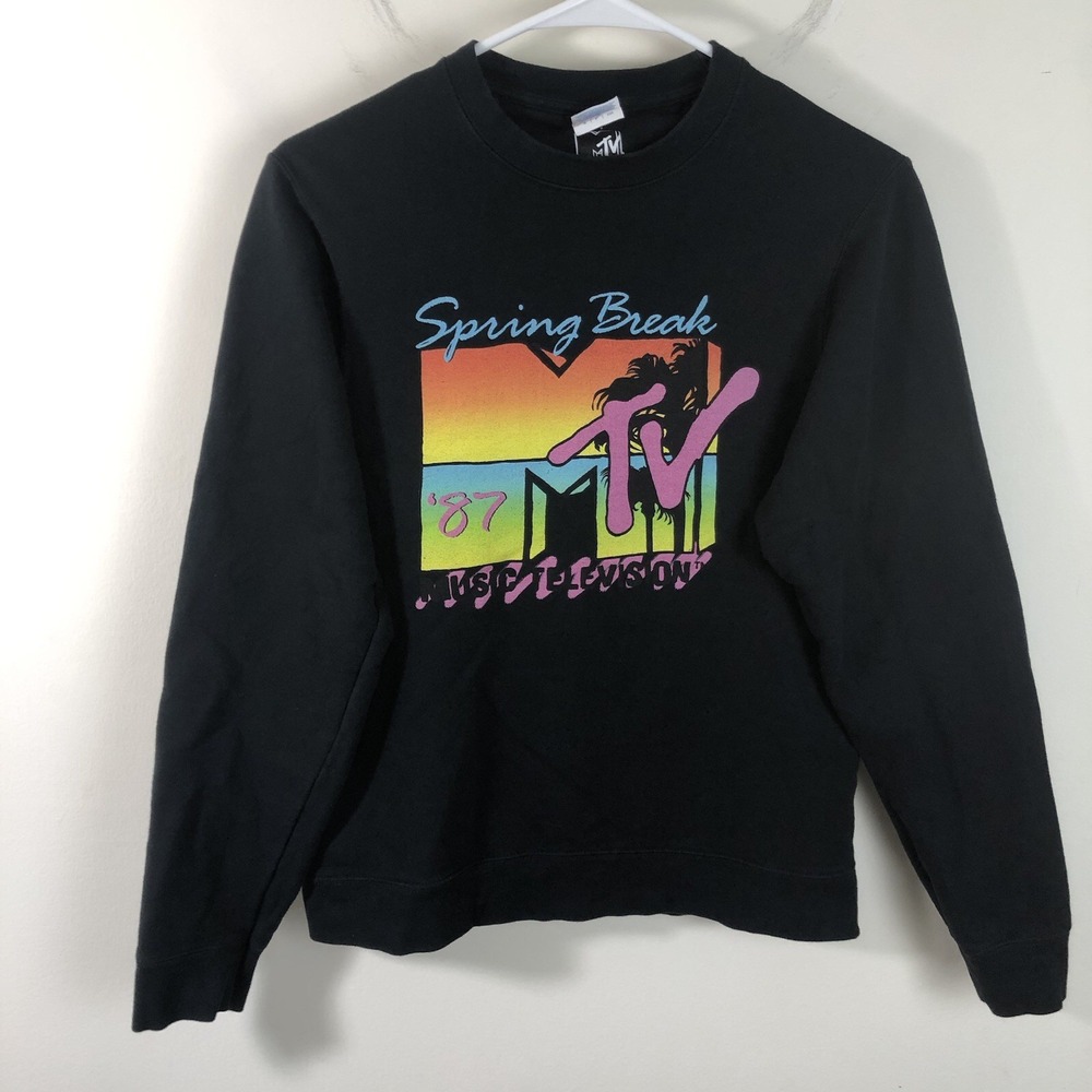 Classic MTV Logo Spring Break 87' Crewneck Sweatshirt Sz Small Black Music Beach